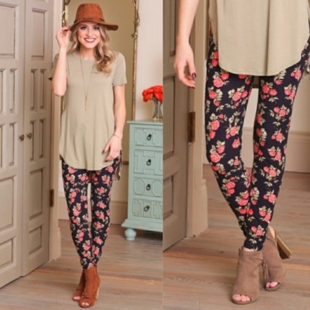 Infinity Raine Pink roses on black leggings fits sz 2-12 comfortably Floral
